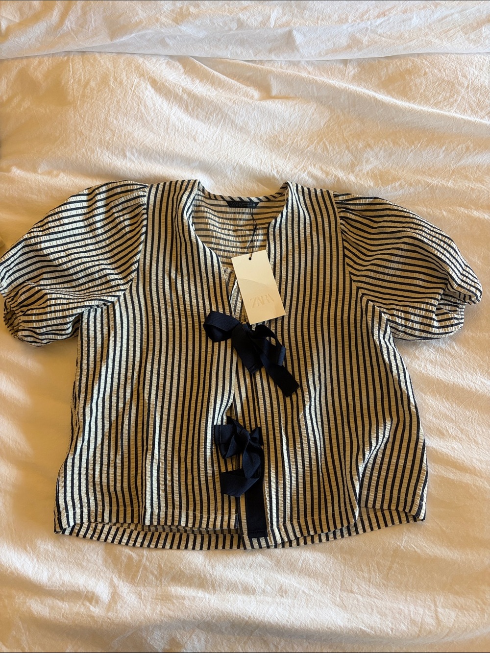 Zara Navy and Cream Striped Tie-Front Puff Sleeve Top